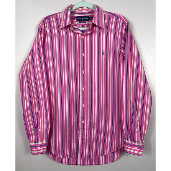 Ralph Lauren Classic Fit Bold Striped Button Down Shirt Pink Multi Medium - Picture 1 of 13